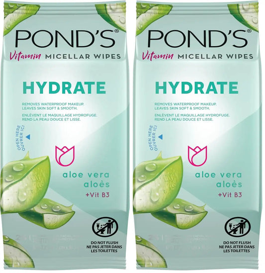 Pond's Vitamin Micellar Wipes For Dry Skin Hydrate Aloe Vera Removes Waterproof Makeup 25 Wipes (Pack of 2)