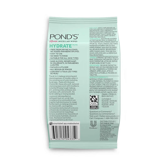 POND'S Vitamin Micellar Makeup Remover Wipes for Dry Skin, Skin Care Hydrating Aloe Vera Daily Face Wipes Remove Dirt, Waterproof Makeup, 25 Count, 4 Pack